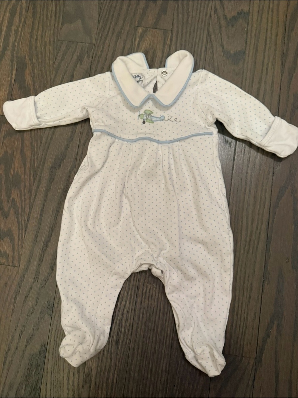 Magnolia Baby Airplane Footie NB Blue Polka Dot Collared Sleeper